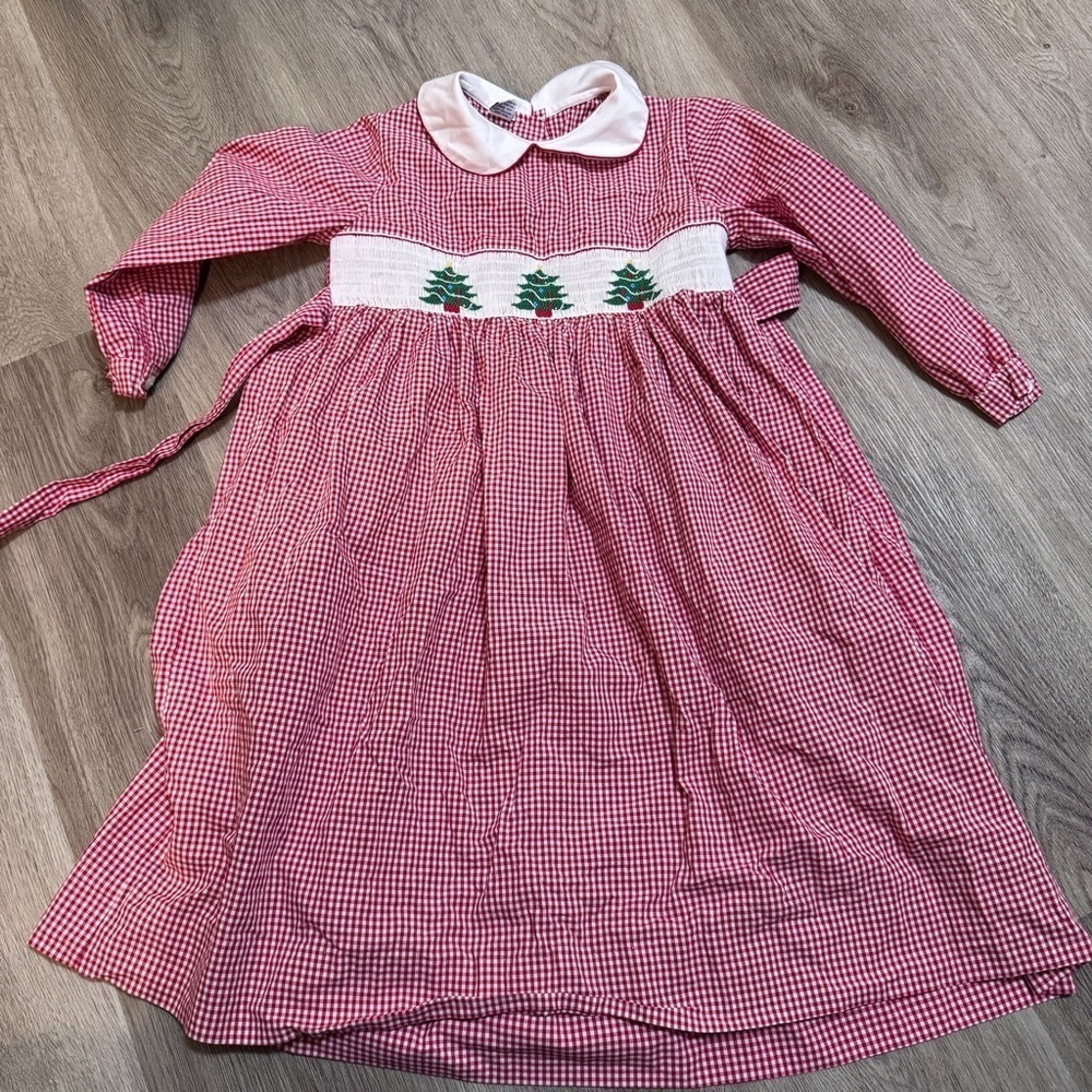 Anavini Hand Smocked Christmas Tree Girls Red Gingham Dress Peter Pan Collar
